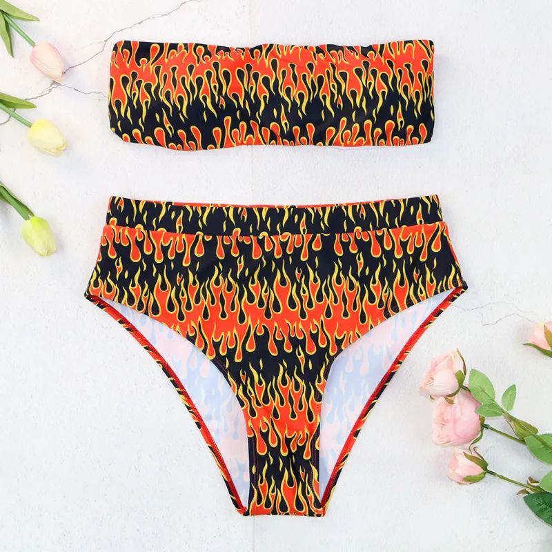 Lina | Flame Print Bikini Split Swimsuit Bandeau Strap