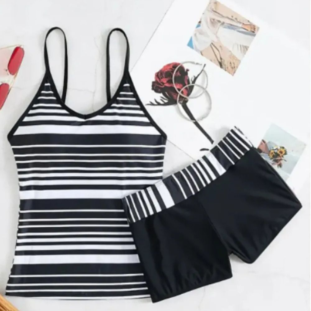 Maya | Women Tankini Swimsuit Straps Top & Striped Boxer