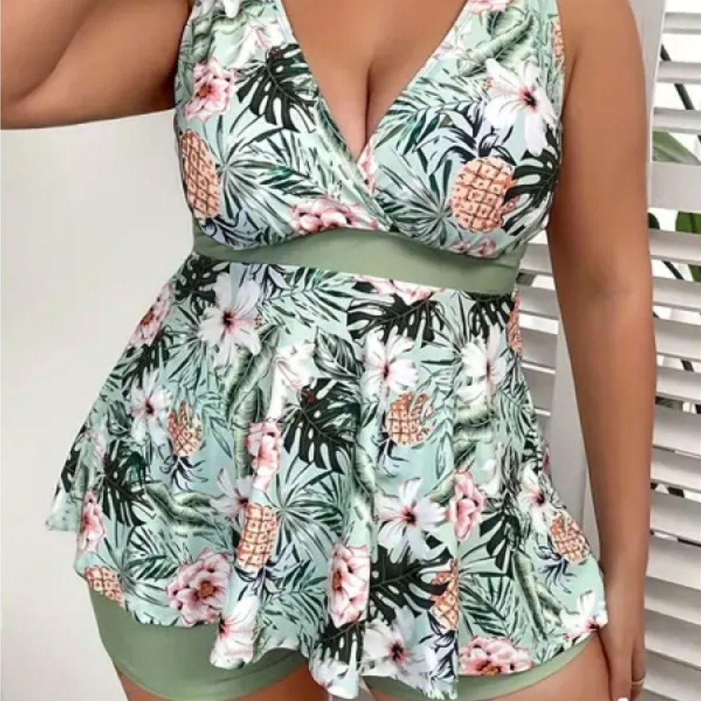 Adeline | Women Plus Size Green Split Tankini Swimsuit