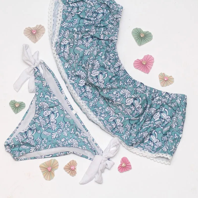 Camile | Strapless Floral Slit Bikini Swimwear