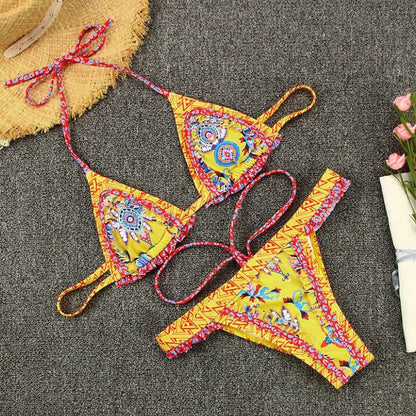 Zaria | Strappy Split Swimsuit Feminine Stitching Halter Printed Bikini