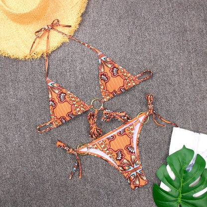Zaria | Strappy Split Swimsuit Feminine Stitching Halter Printed Bikini