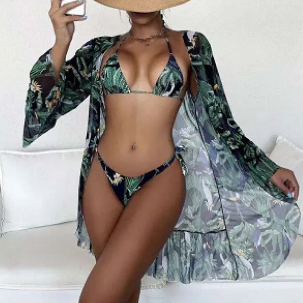 Gia | Women’s Beachwear Set – Tropical Bikini & Kimono Cover-Up