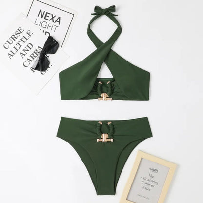 Rumi | Split High Waist Briefs Cross- Halter Neck Swimsuit