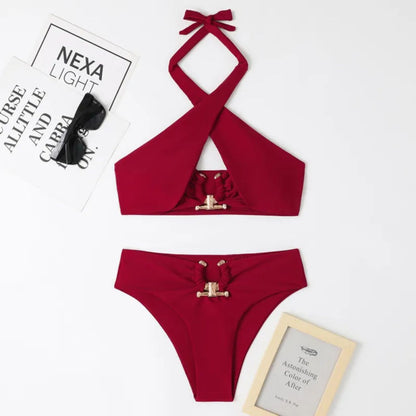 Rumi | Split High Waist Briefs Cross- Halter Neck Swimsuit